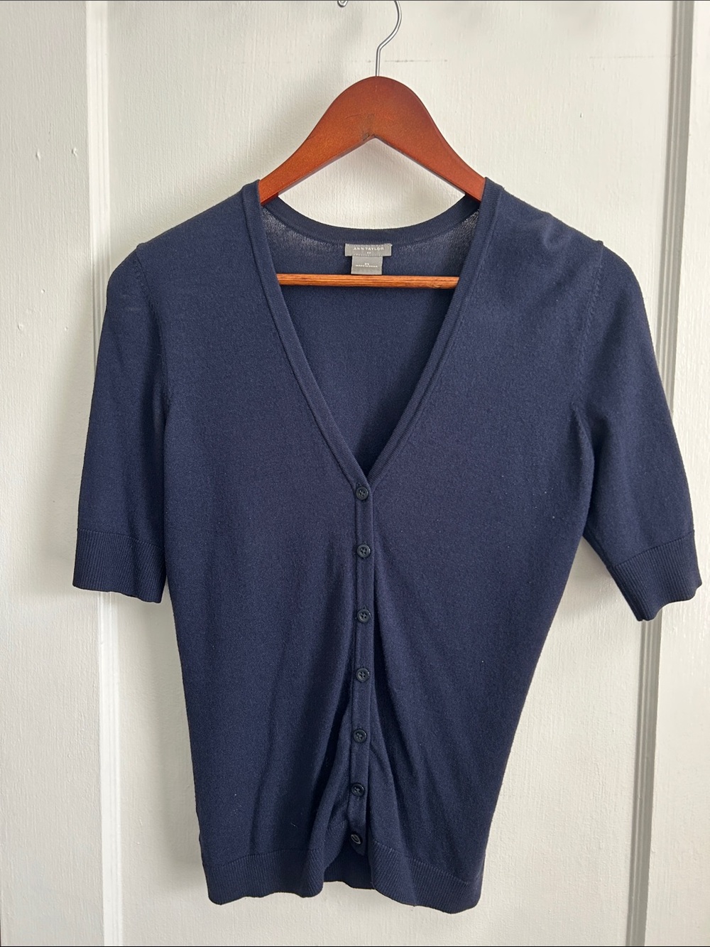 Ann Taylor Classic Navy Short-Sleeve V-Neck Cardigan